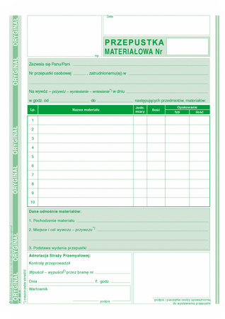 PRZEPUSTKA MATERIAŁOWA A5 (O+1K)