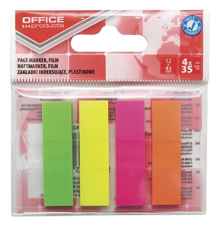 Zakładki indeksujące OFFICE PRODUCTS, PP, 12x43mm, 4x35 kart., zawieszka, mix kolorów neon