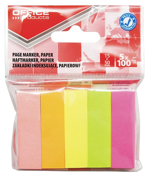 Zakładki indeksujące OFFICE PRODUCTS, papier, 15x50mm, 5x100 kart., zawieszka, mix kolorów
