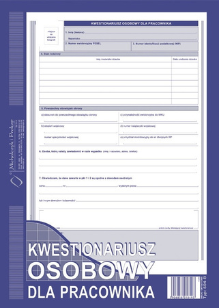 KWESTIONARIUSZ OSOBOWY DLA PRACOWNIKA A4 (OFFSET)