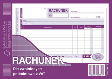 RACHUNEK DLA ZWOLNIONYCH Z VAT A5 (O+1K)