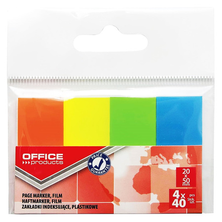 Zakładki indeksujące OFFICE PRODUCTS, PP, 20x50mm, 4x40 kart., zawieszka, mix kolorów neon