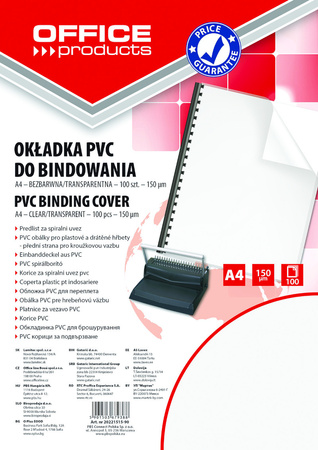 Okładki do bindownicy Office Products A4/150µm transparentne (100)