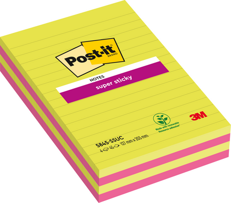 Karteczki Post-it Super Sticky 127x203mm (5845-SSUC) linie neon (4x45)