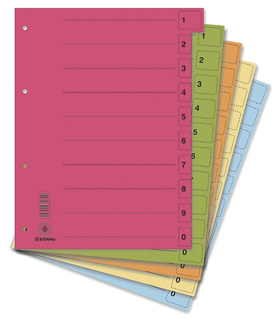 Przekładki DONAU, karton, A4, 235x300mm, 0-9, 50 kart z perforacją, mix kolorów