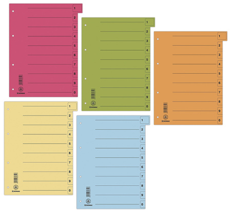 Przekładki DONAU, karton, A4, 235x300mm, 0-9, 50 kart z perforacją, mix kolorów