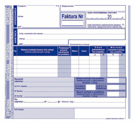 FAKTURA NETTO (1 STAWKA VAT) 2/3 A5 (O+1K)