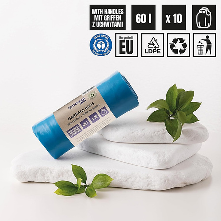 Worki na śmieci DONAU ECO, z uchwytami Knoties, 60l, 10 szt., niebieskie 