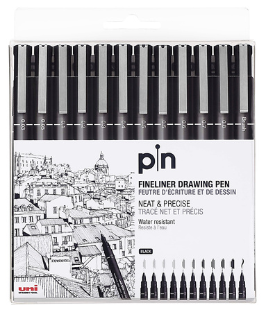 Cienkopisy kreślarske Uni Pin-200 zestaw czarne (12)