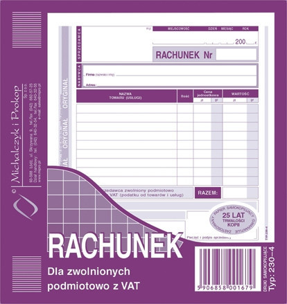 RACHUNEK DLA ZWOLNIONYCH Z VAT 2/3 A5 (O+1K)