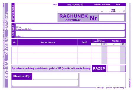 RACHUNEK DLA ZWOLNIONYCH Z VAT A6 (O+1K)