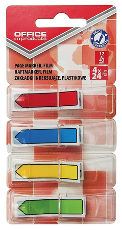 Zakładki indeksujące OFFICE PRODUCTS, PP, strzałka, 12x43mm, 4x24 kart., blister, mix kolorów