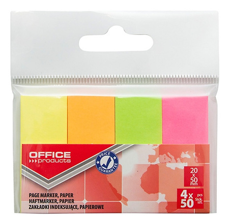 Zakładki indeksujące OFFICE PRODUCTS, papier, 20x50mm, 4x50 kart., zawieszka, mix kolorów neon