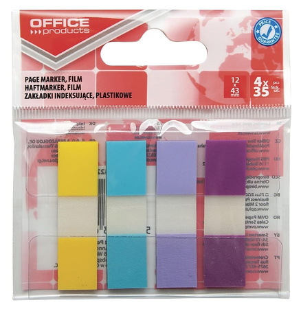 Zakładki indeksujące OFFICE PRODUCTS, PP, 12x43mm, 4x35 kart., zawieszka, mix kolorów pastel