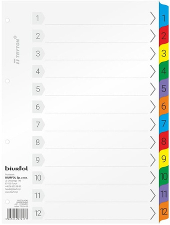 Przekładki kartonowe Biurfol A4 1-12 numeryczne