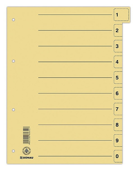 Przekładka DONAU, karton, A4, 235x300mm, 0-9, 1 karta z perforacją, żółta