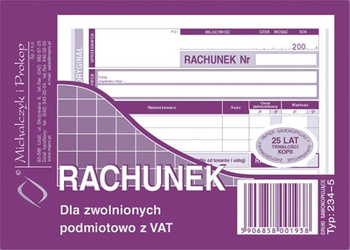 RACHUNEK DLA ZWOLNIONYCH Z VAT A6 (O+1K)