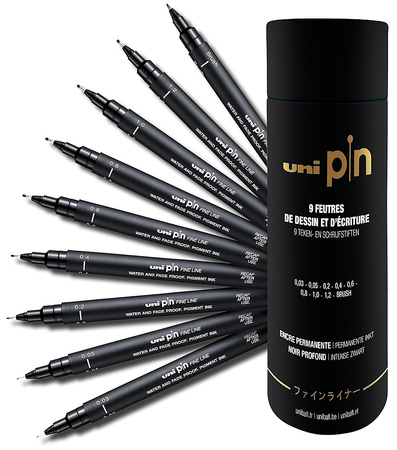 Cienkopisy kreślarskie Uni Pin-200 zestaw czarne (9)