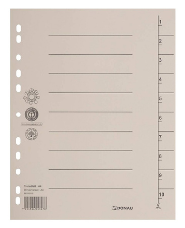 Przekładka DONAU, karton, A4, 235x300mm, 1-10, 1 karta, szara