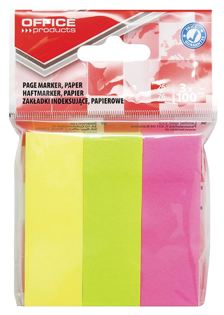 Zakładki indeksujące OFFICE PRODUCTS, papier, 26x76mm, 3x100 kart., zawieszka, mix kolorów