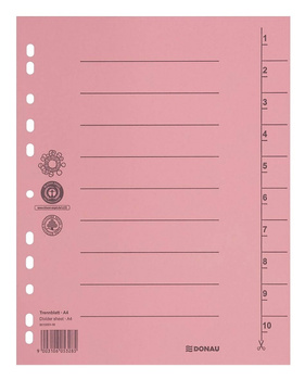 Przekładka DONAU, karton, A4, 235x300mm, 1-10, 1 karta, jasnoróżowa
