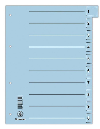 Przekładka DONAU, karton, A4, 235x300mm, 0-9, 1 karta z perforacją, nieb.