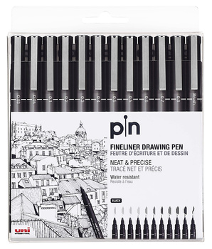 Cienkopisy kreślarske Uni Pin-200 zestaw czarne (12)