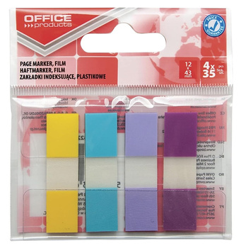 Zakładki indeksujące OFFICE PRODUCTS, PP, 12x43mm, 4x35 kart., zawieszka, mix kolorów pastel