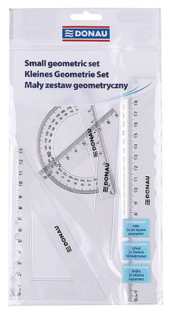 Zestaw geometryczny DONAU, mały, z linijką 20cm, zawieszka, transparentny