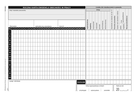 ROCZNA KARTA EWIDENCJI OBECNOŚCI W PRACY A5